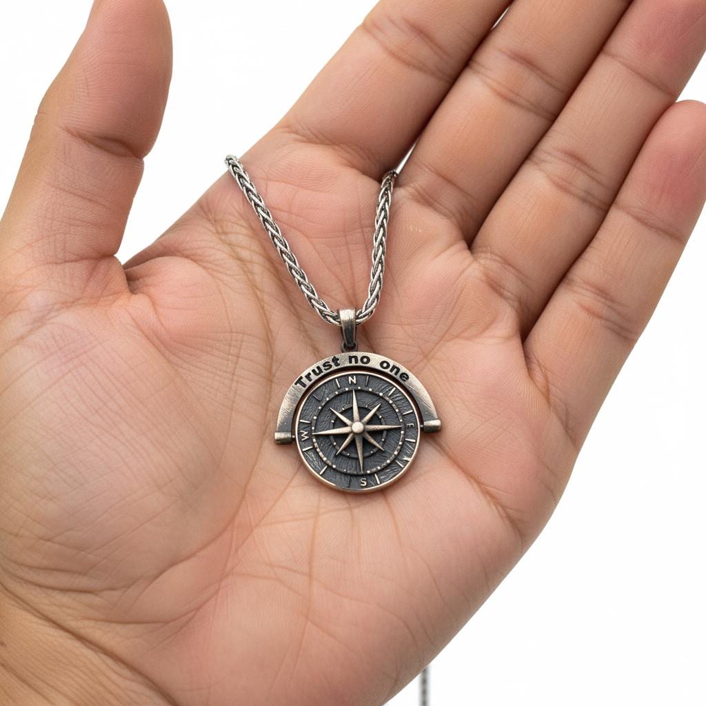 Compass Pendant Necklace, Trust No One Necklace, Unisex Sterling Silver Chain, Minimalist Boho Jewelry, Gift for Him or Her, Everyday Charm