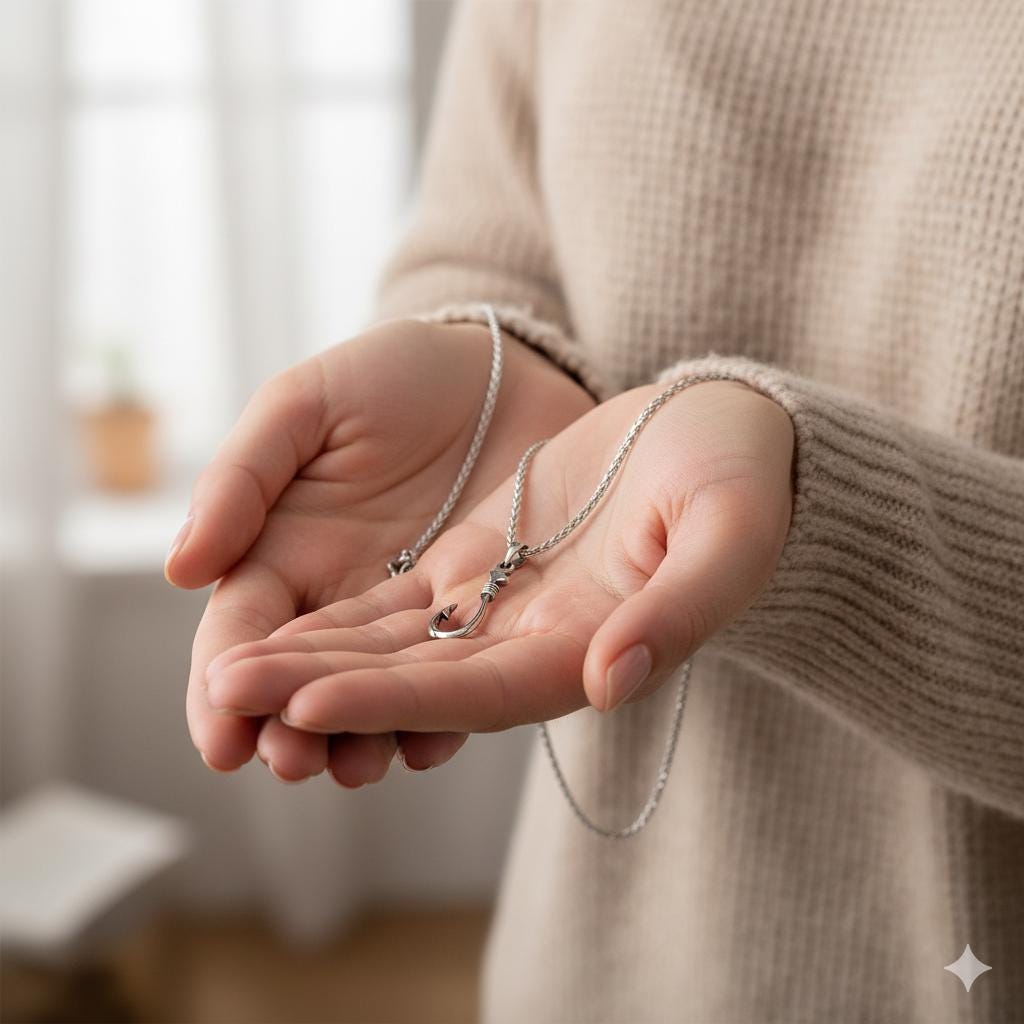 Fisherman’s Hook Pendant Necklace, Unisex Silver Fish Hookon Thick Stainless Steel Wheat Chain, Minimalist Boho Jewelry, Gift for Him or Her