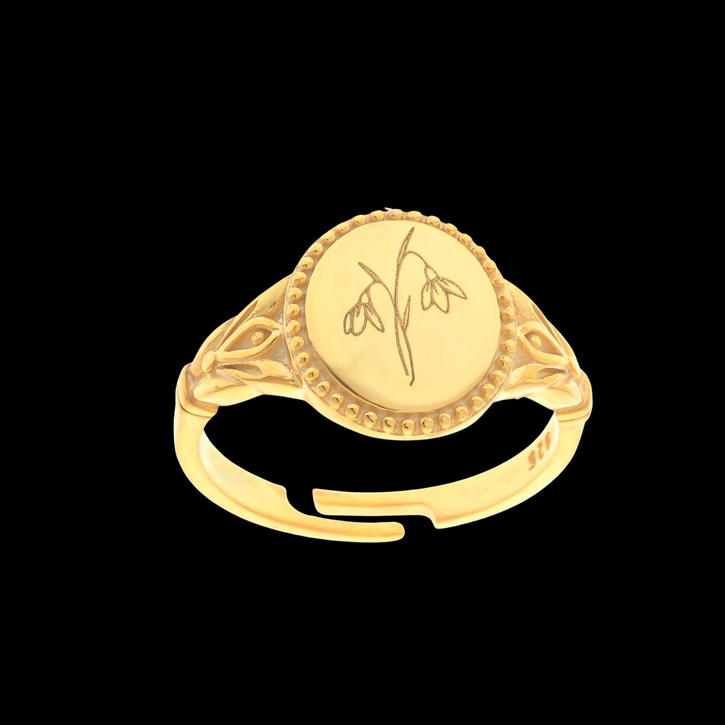 Custom Birth Flower Signet Ring, Adjustable 925 Silver Engraved Floral Jewelry, Personalized Minimalist Gift for Her, Christmas Gift