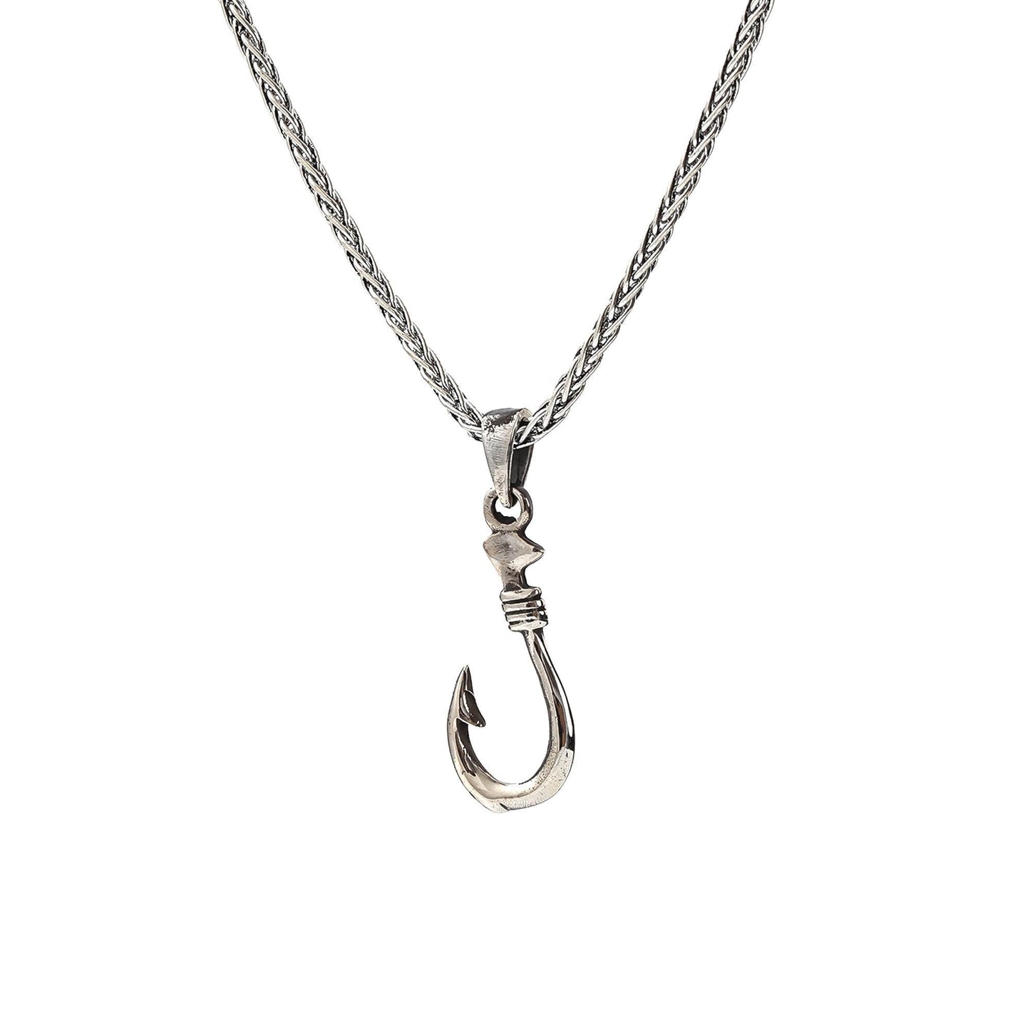 Fisherman’s Hook Pendant Necklace, Unisex Silver Fish Hookon Thick Stainless Steel Wheat Chain, Minimalist Boho Jewelry, Gift for Him or Her