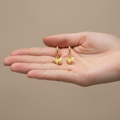 Minimalist Honeybee Huggie Hoop Earrings, 14K Gold Plated 925 Silver Dangle Charm, Personalized Christmas Gift, Nature Lover Jewelry