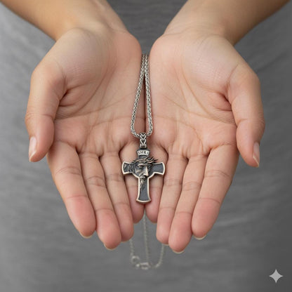 3D Jesus Christ INRI Cross Pendant, 925k Sterling Silver Catholic Necklace, Cross Unisex Pendant Necklace,Handcrafted Filigree Charm Pendant