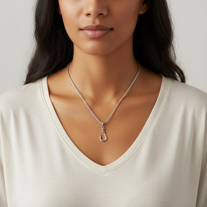 Fisherman’s Hook Pendant Necklace, Unisex Silver Fish Hookon Thick Stainless Steel Wheat Chain, Minimalist Boho Jewelry, Gift for Him or Her