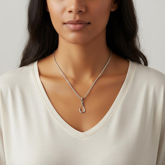 Fisherman’s Hook Pendant Necklace, Unisex Silver Fish Hookon Thick Stainless Steel Wheat Chain, Minimalist Boho Jewelry, Gift for Him or Her