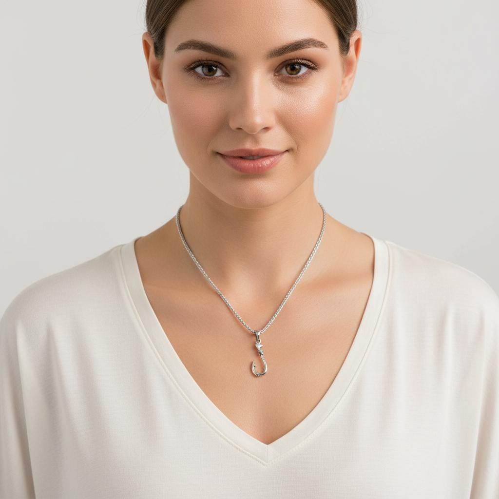 Fisherman’s Hook Pendant Necklace, Unisex Silver Fish Hookon Thick Stainless Steel Wheat Chain, Minimalist Boho Jewelry, Gift for Him or Her