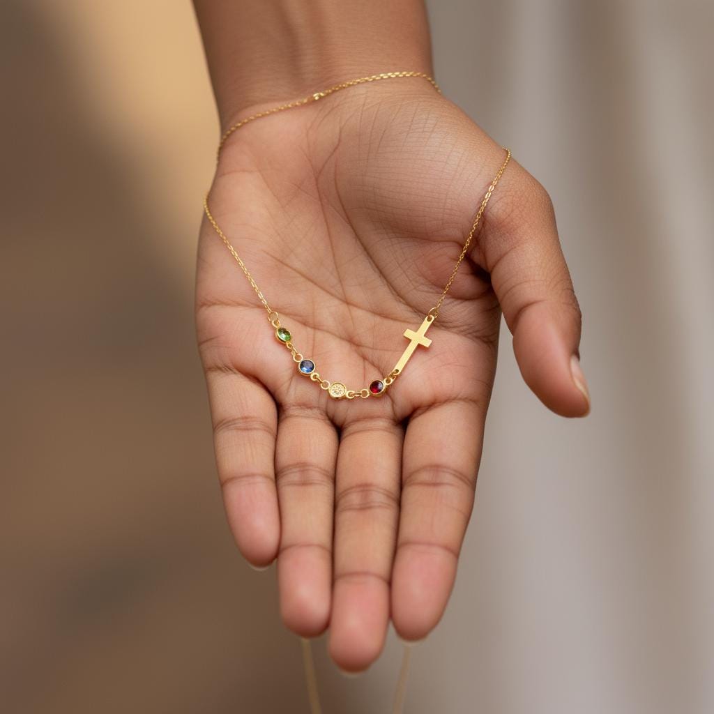 Row Birthstone Cross Necklace, Personalized Family Charm, Multiple Children 925 Silver Gold Plated, Minimalist Mom Gift, Christmas Gift