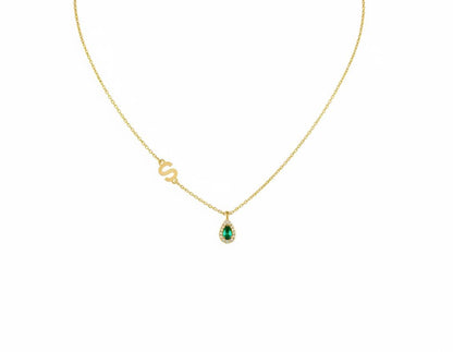 Zircon Drop Side Letter Necklace, Personalized Initial Pendant, 14K Gold Plated 925 Silver, Minimalist Dainty Christmas Personalized Gift