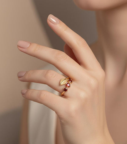 Olive Branch Three Stone Ring, Adjustable 925 Sterling Silver Gold Plated, Minimalist Peace Symbol Gift for Her, Christmas Gift