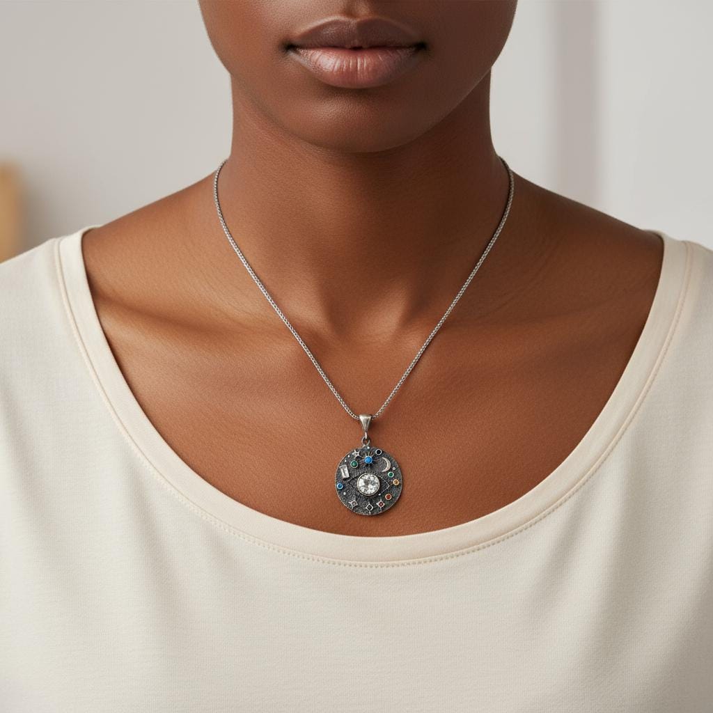 Unisex Moon and Stars Cosmic Necklace, Gold Plated Sterling Silver, Minimalist Charm Pendant, Gift for Him or Her, Anniversary Daily Jewelry