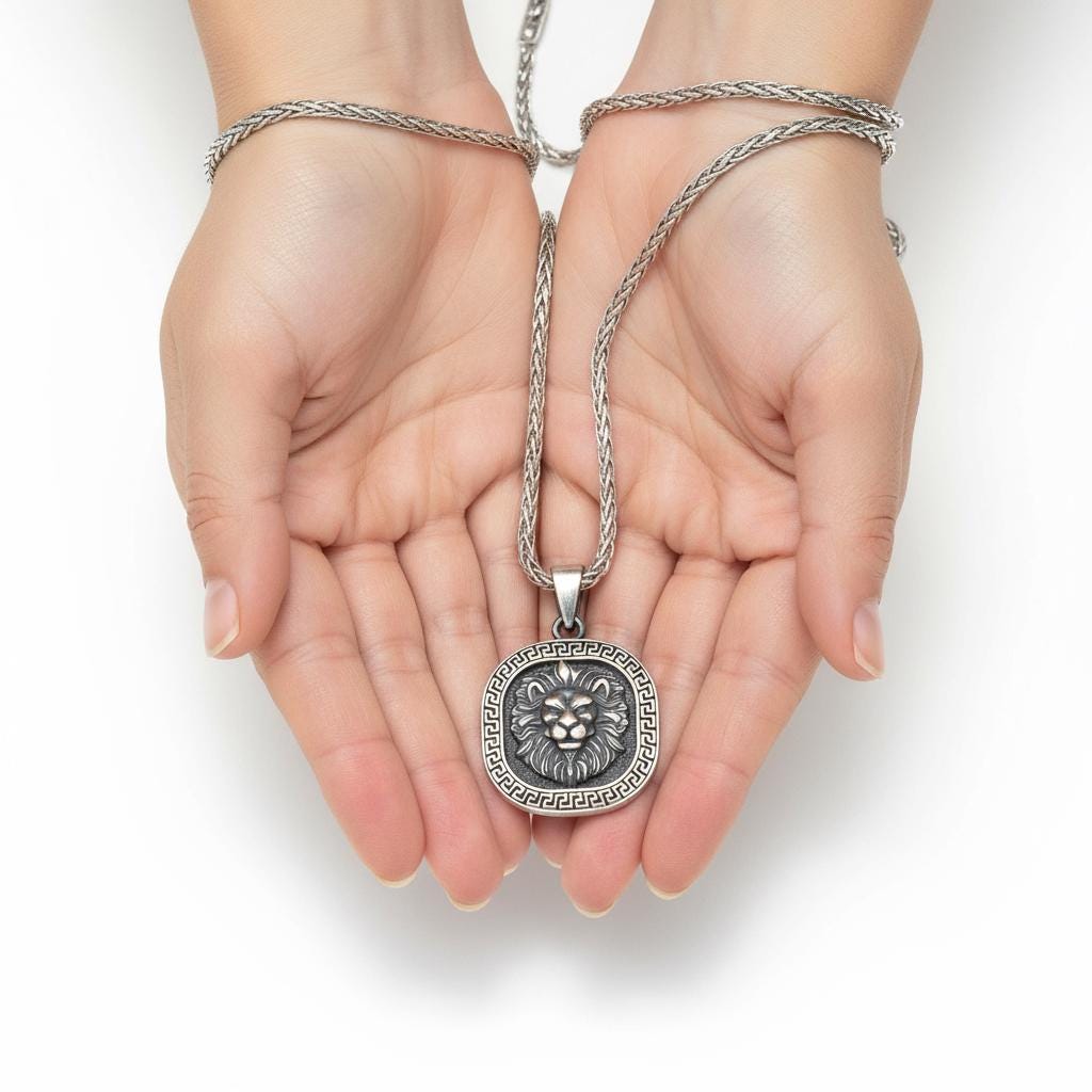 Lion Head Medallion Necklace, 925 Silver Spiga Chain, Courage Strength Unisex Jewelry Gift for Men Women, Personalized Christmas Gift