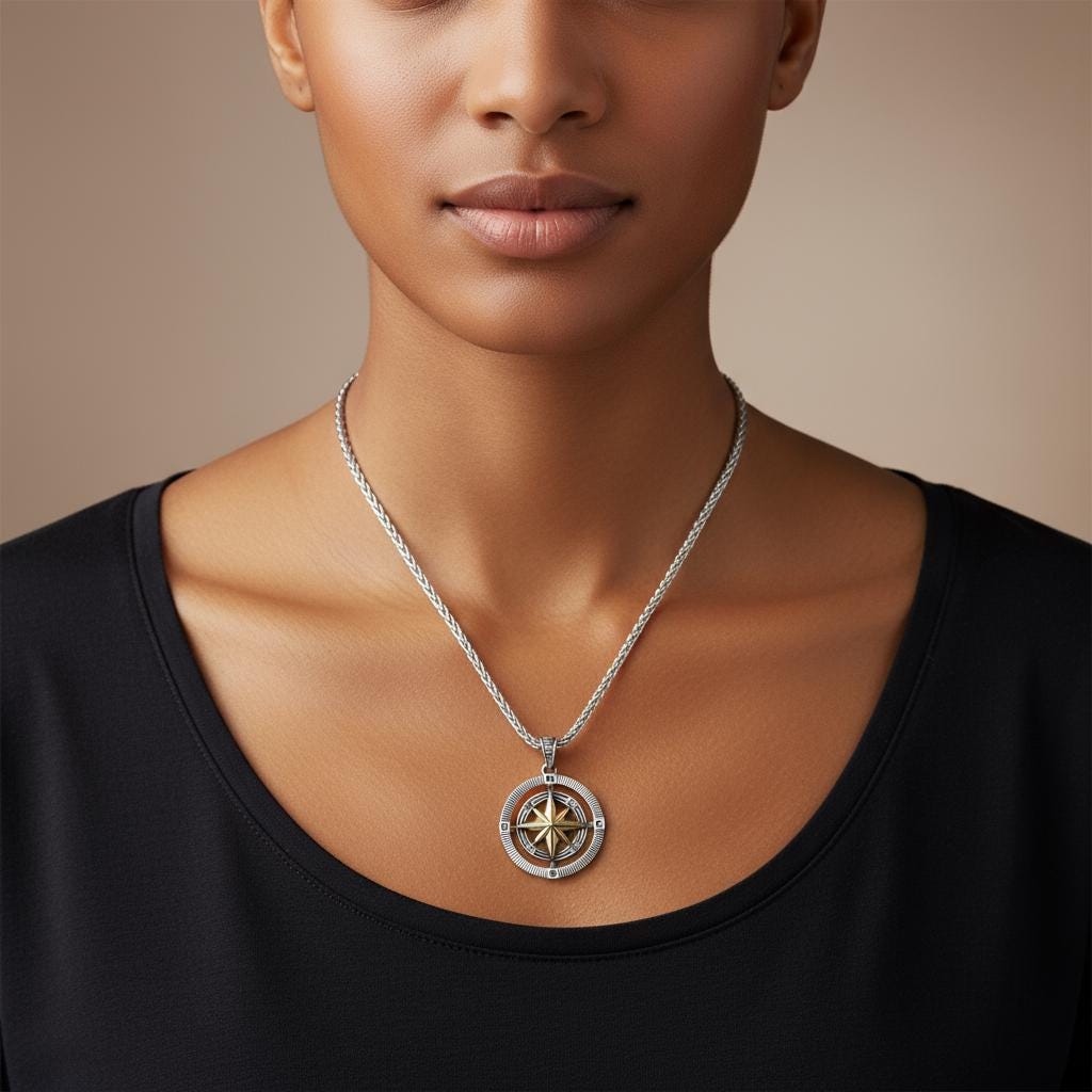 Double Sided Compass Necklace, 925 Sterling Silver Spiga Chain, Unisex Travel Jewelry, Personalized Gift for Him Her, Christmas Gift