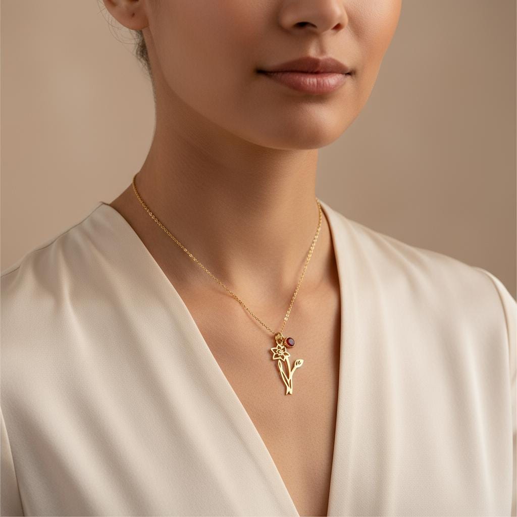 Personalized Birth Flower Necklace, Custom Sterling Silver Family Gift for Mom Nana, 14K Gold Plated, Christmas Gift, Personalized Gift