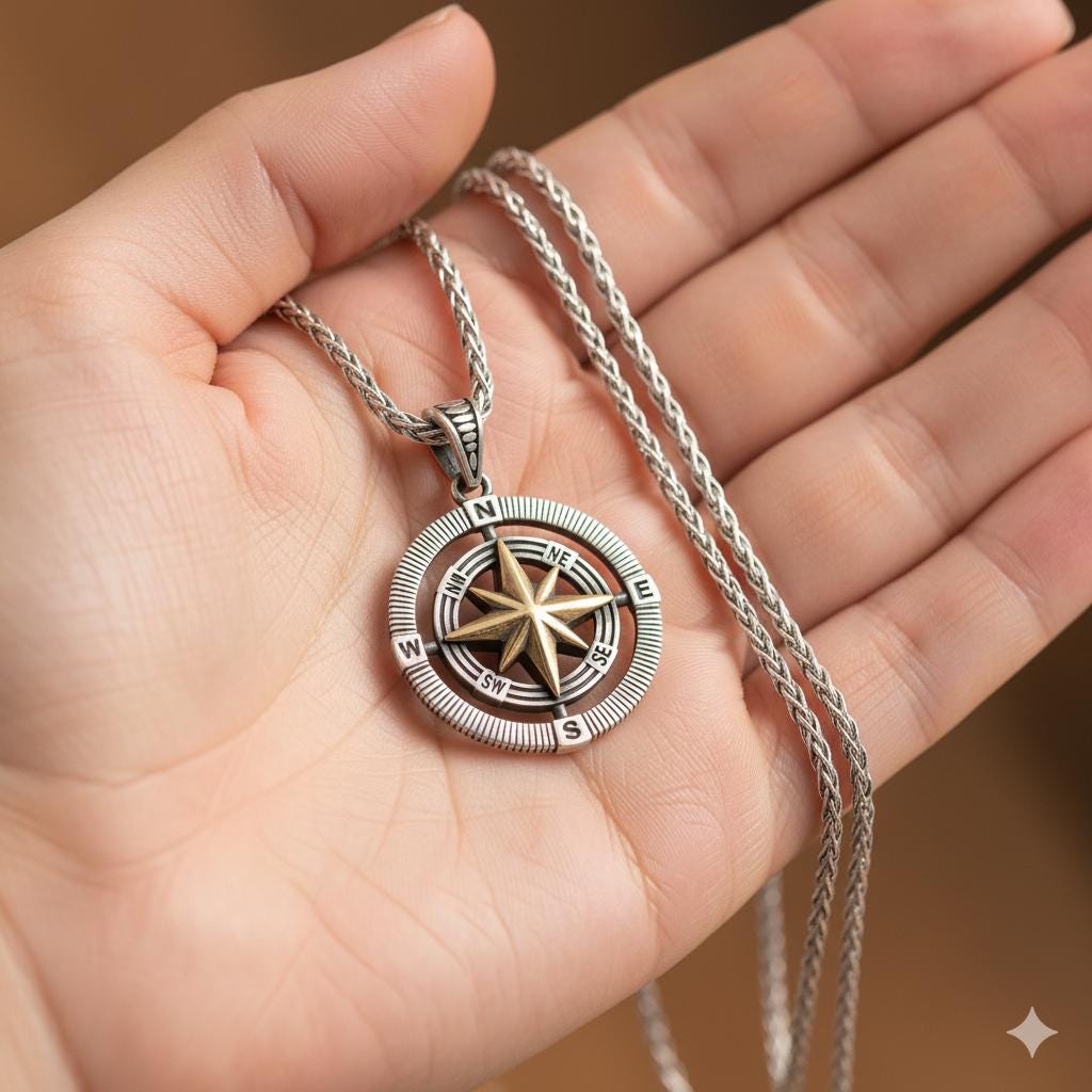 Double Sided Compass Necklace, 925 Sterling Silver Spiga Chain, Unisex Travel Jewelry, Personalized Gift for Him Her, Christmas Gift