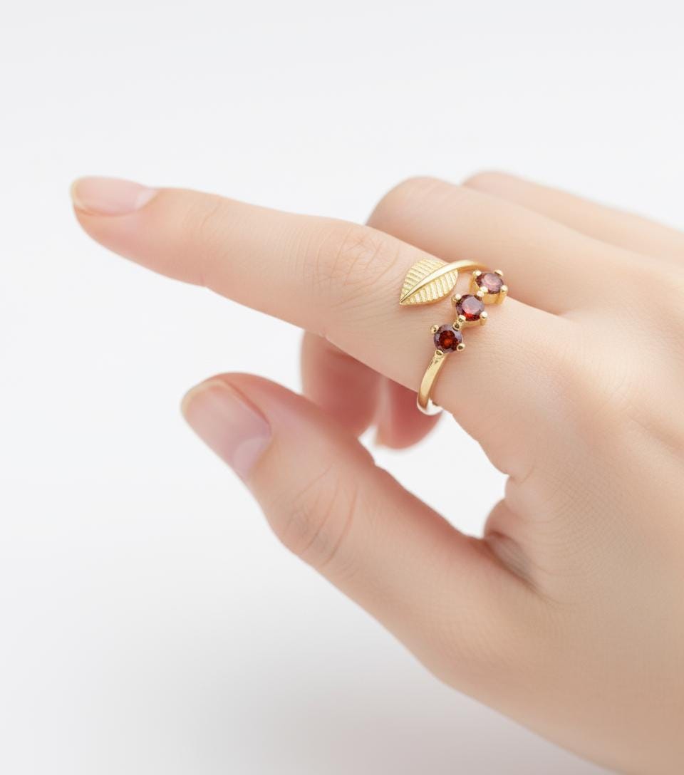 Olive Branch Three Stone Ring, Adjustable 925 Sterling Silver Gold Plated, Minimalist Peace Symbol Gift for Her, Christmas Gift