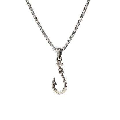 Fisherman’s Hook Pendant Necklace, Unisex Silver Fish Hookon Thick Stainless Steel Wheat Chain, Minimalist Boho Jewelry, Gift for Him or Her