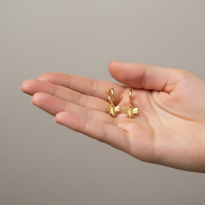 Minimalist Honeybee Huggie Hoop Earrings, 14K Gold Plated 925 Silver Dangle Charm, Personalized Christmas Gift, Nature Lover Jewelry