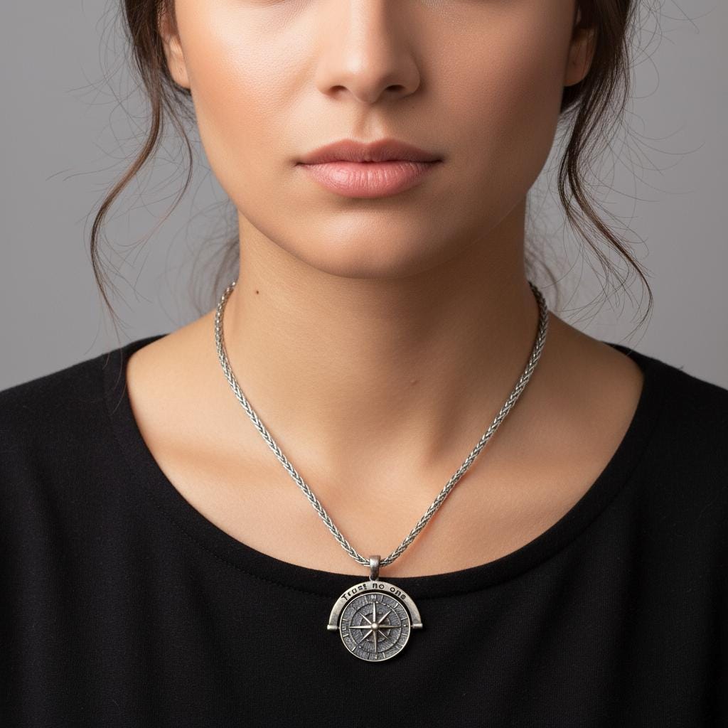 Minimalist Compass Necklace, Trust No One Pendant, 925 Sterling Silver Unisex Boho Jewelry, Personalized Gift for Him Her, Christmas Gift