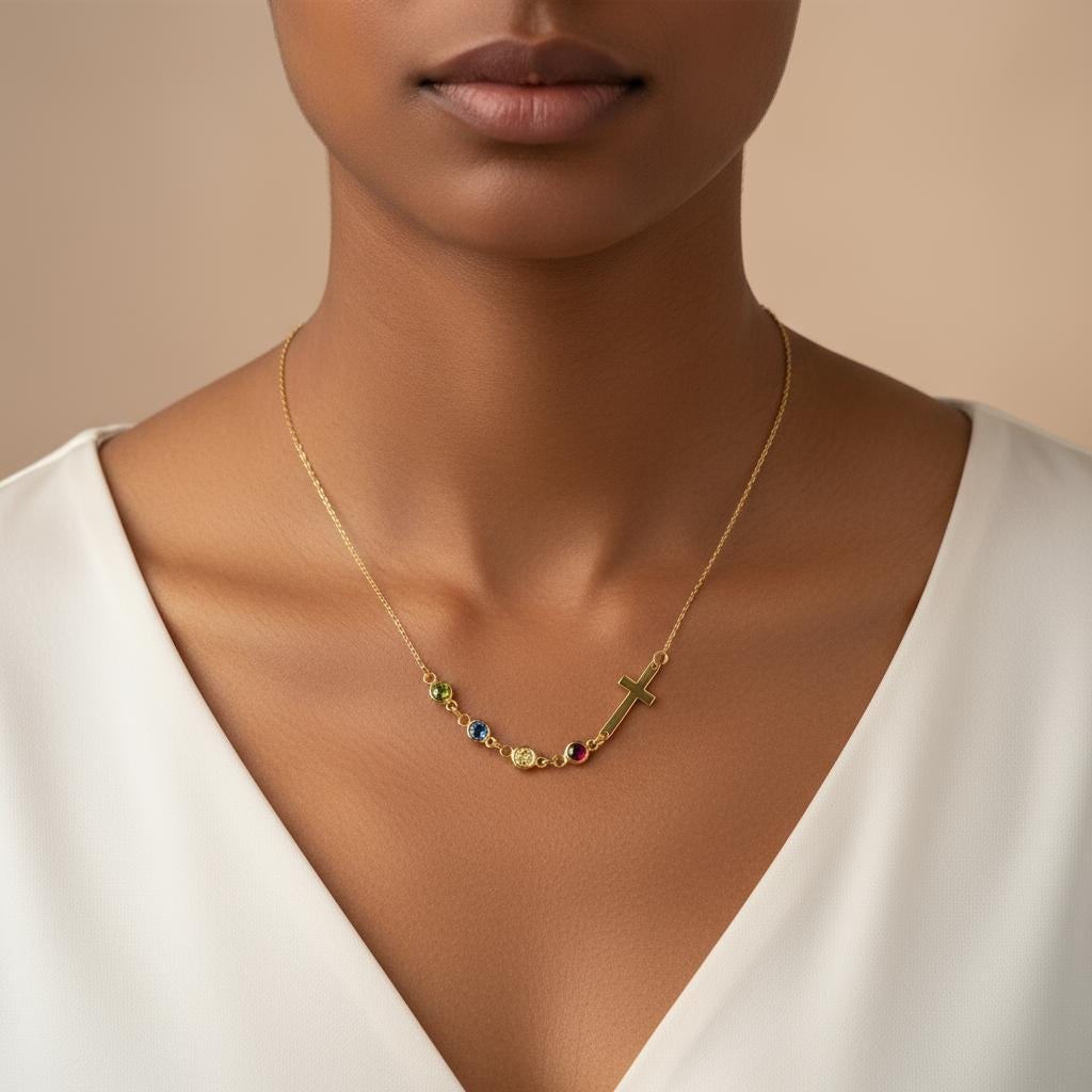 Row Birthstone Cross Necklace, Personalized Family Charm, Multiple Children 925 Silver Gold Plated, Minimalist Mom Gift, Christmas Gift