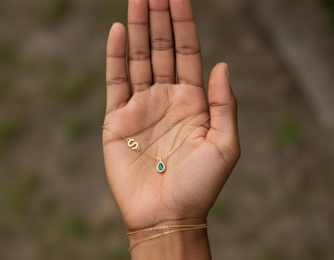 Zircon Drop Side Letter Necklace, Personalized Initial Pendant, 14K Gold Plated 925 Silver, Minimalist Dainty Christmas Personalized Gift