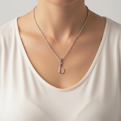 Fisherman’s Hook Pendant Necklace, Unisex Silver Fish Hookon Thick Stainless Steel Wheat Chain, Minimalist Boho Jewelry, Gift for Him or Her