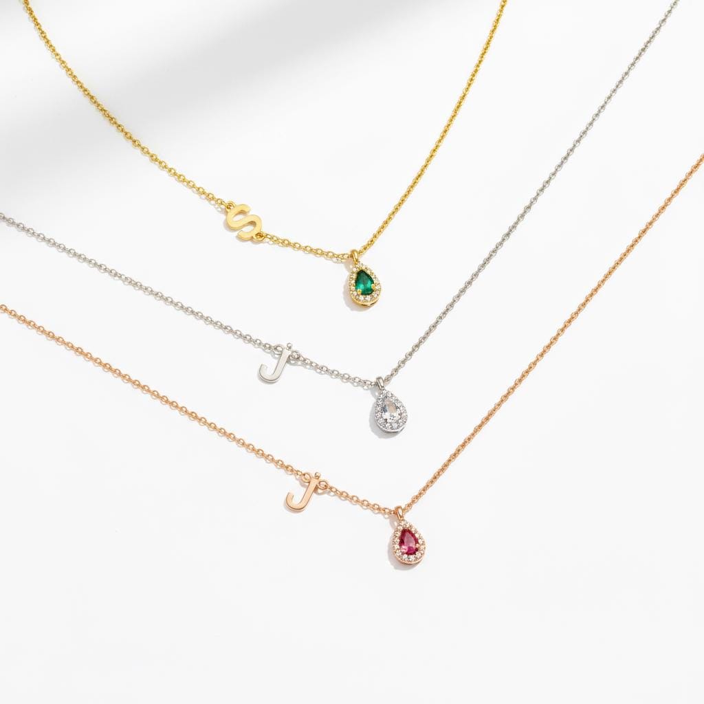 Zircon Drop Side Letter Necklace, Personalized Initial Pendant, 14K Gold Plated 925 Silver, Minimalist Dainty Christmas Personalized Gift