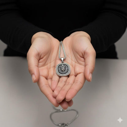 Lion Head Medallion Necklace, 925 Silver Spiga Chain, Courage Strength Unisex Jewelry Gift for Men Women, Personalized Christmas Gift