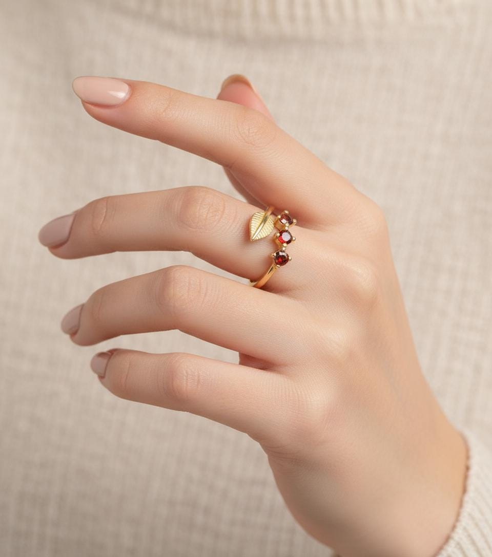 Olive Branch Three Stone Ring, Adjustable 925 Sterling Silver Gold Plated, Minimalist Peace Symbol Gift for Her, Christmas Gift