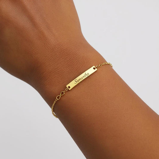 Infinity Love Bar Bracelet, Minimalist Gold Charm Jewelry, Dainty Infinity Symbol, Personalized Gift for Her, Sterling Silver & Gold Plated