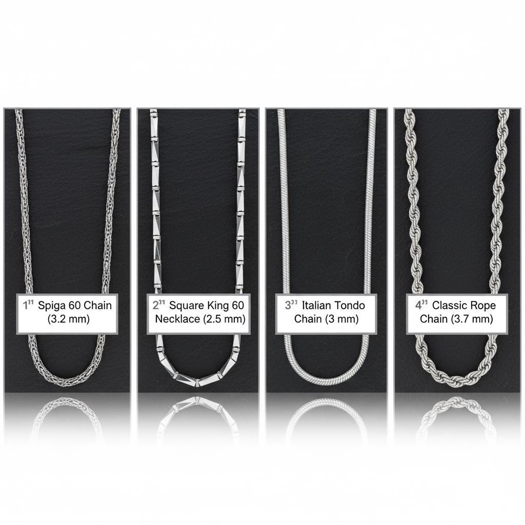 925 Sterling Silver Chain Necklace | Rope, Tondo, Square King, Spiga Styles for Men Women | Minimalist Jewelry, Chain for Charm Pendant
