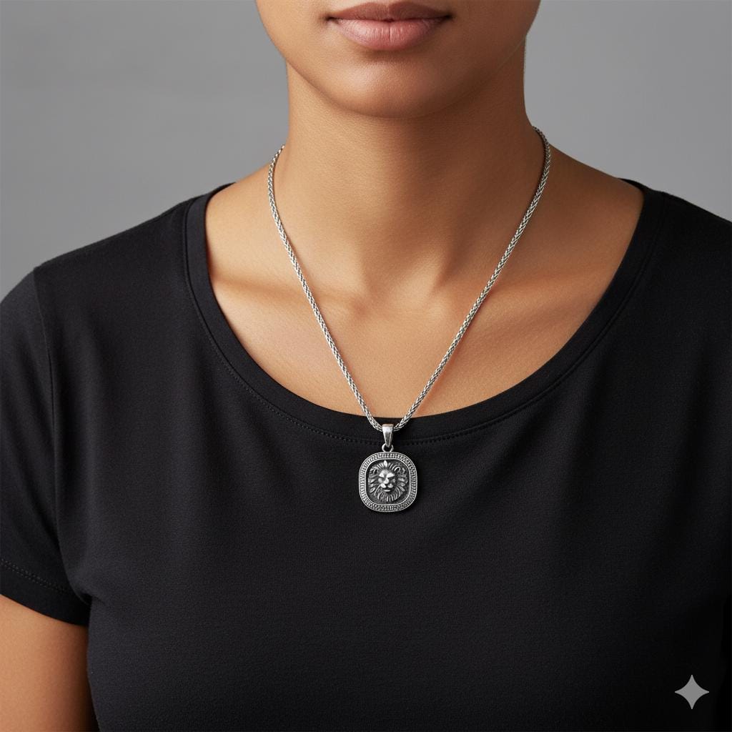 Lion Head Medallion Necklace, 925 Silver Spiga Chain, Courage Strength Unisex Jewelry Gift for Men Women, Personalized Christmas Gift