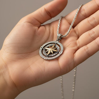 Double Sided Compass Necklace, Personalized Gift for Him Her, Christmas Gift, 925 Sterling Silver Spiga Chain, Unisex Travel Jewelry
