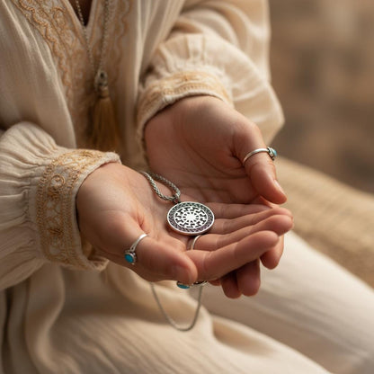 Ancient Sun Circle Amulet Necklace, Silver Sun Pendant for Men & Women, Boho Spiritual Jewelry, Celestial Amulet Gift, Mystic Sun Charm