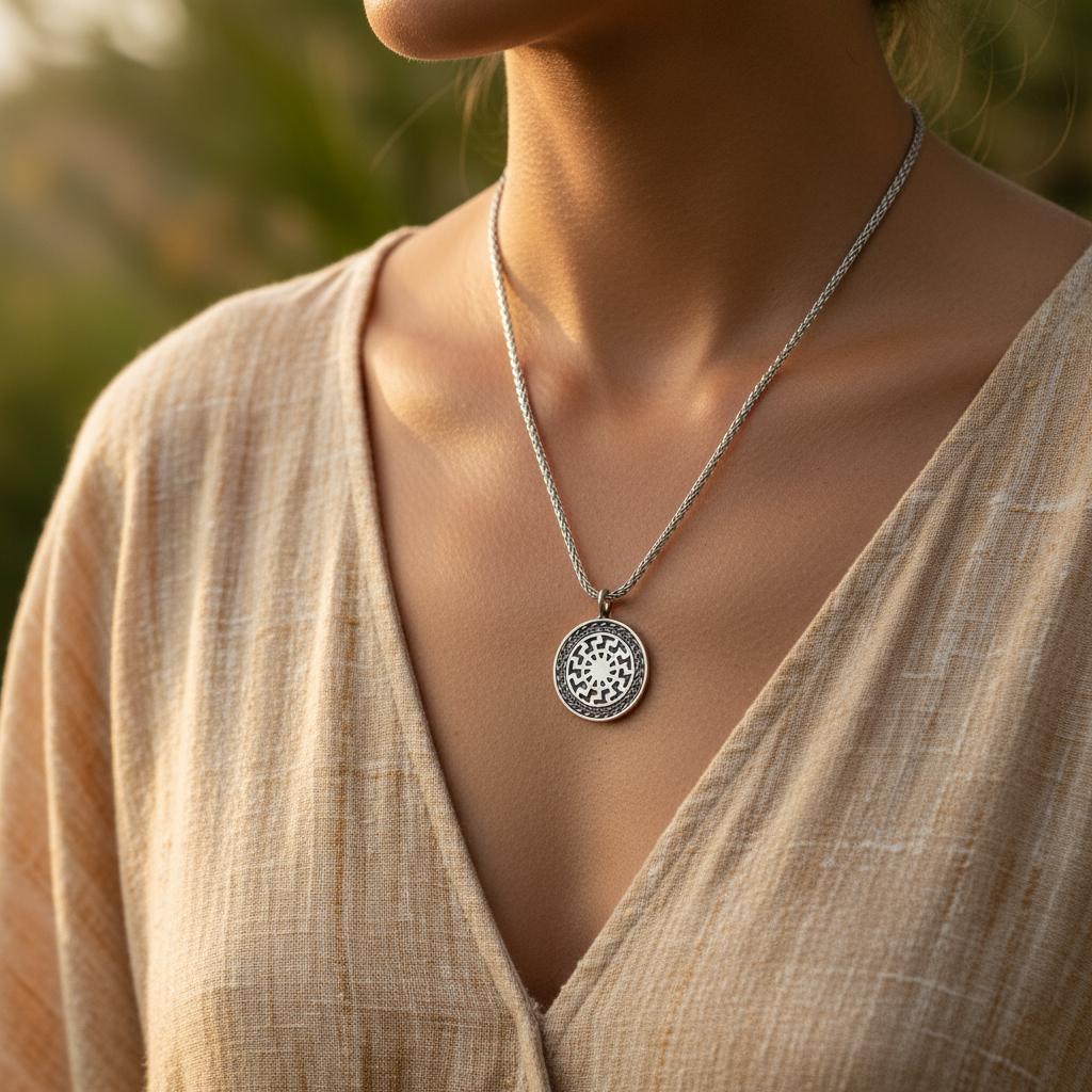 Ancient Sun Circle Amulet Necklace, 925 Silver Unisex Spiritual Jewelry, Boho Celestial Gift for Him Her, Personalized Christmas Gift