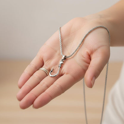 Fisherman’s Hook Pendant Necklace, Unisex Silver Fish Hookon Thick Stainless Steel Wheat Chain, Minimalist Boho Jewelry, Gift for Him or Her