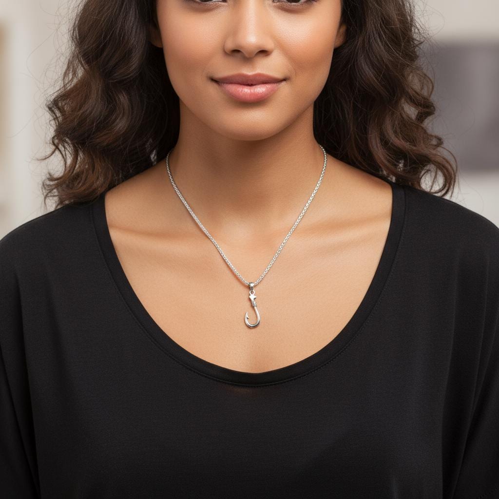 Fisherman’s Hook Pendant Necklace, 925 Silver Unisex Wheat Chain, Minimalist Nautical Boho Jewelry, Personalized Gift, Christmas Gift