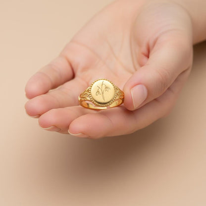 Birth Flower Signet Ring, Personalized Engraved Custom Floral Jewelry, Adjustable 925 Sterling Silver Gold Plated Minimalist Gift for Her