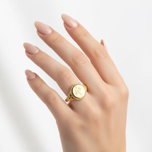 Birth Flower Signet Ring, Personalized Engraved Custom Floral Jewelry, Adjustable 925 Sterling Silver Gold Plated Minimalist Gift for Her