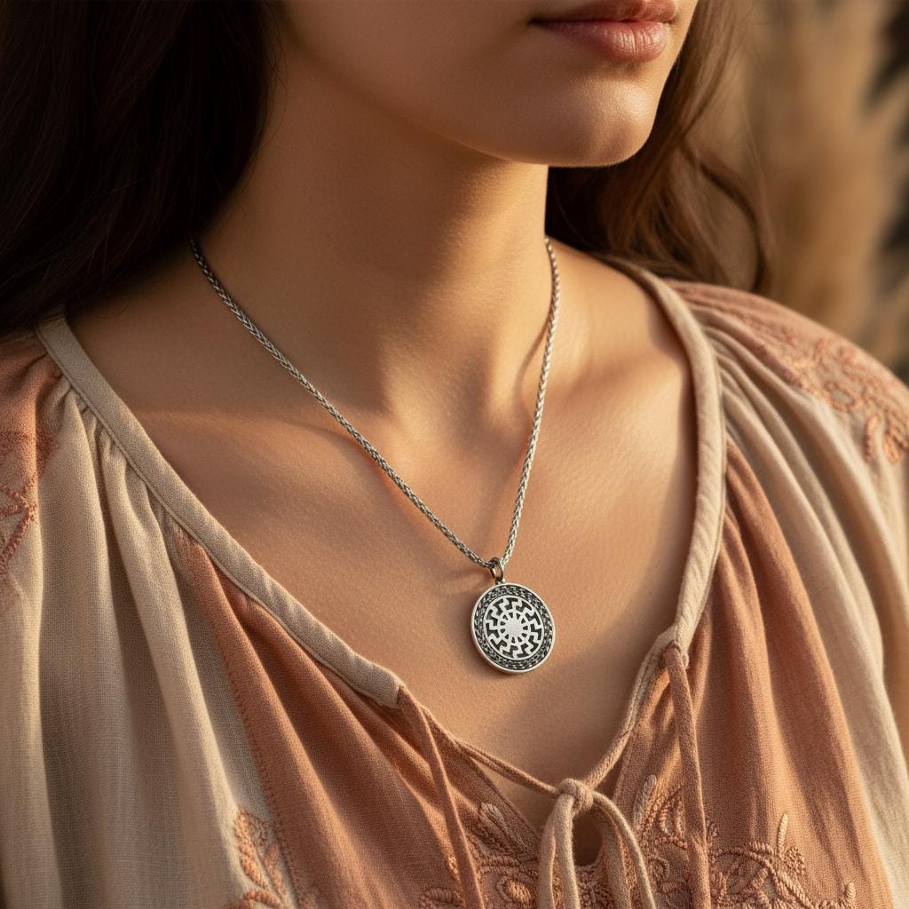 Ancient Sun Circle Amulet Necklace, Silver Sun Pendant for Men & Women, Boho Spiritual Jewelry, Celestial Amulet Gift, Mystic Sun Charm