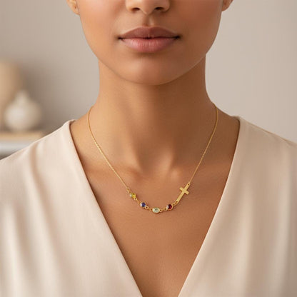Row Birthstone Cross Necklace, Personalized Gift for Mom, Multiple Children Charm, 925 Silver Gold Plated Family Jewelry, Minimalist Cross