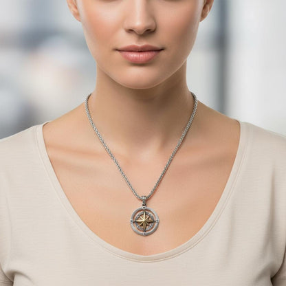 Double Sided Compass Necklace, Personalized Gift for Him Her, Christmas Gift, 925 Sterling Silver Spiga Chain, Unisex Travel Jewelry