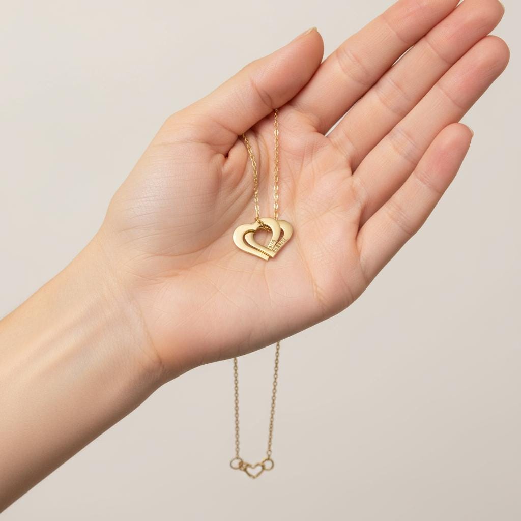 Personalized Engraved Interlocking Hearts Necklace, Custom 14K Gold Plated Mom Gift, Double Linked Love Pendant, Personalized Christmas Gift