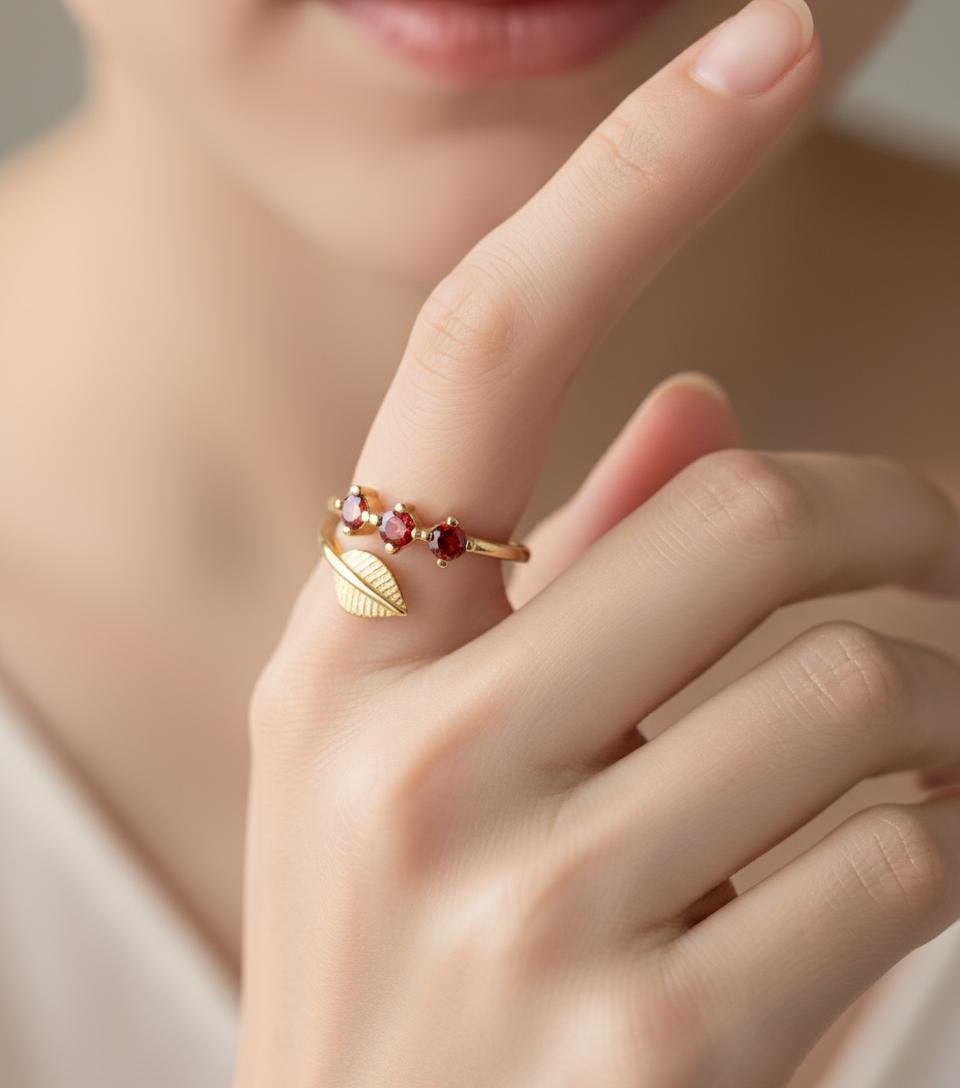 Olive Branch Three Stone Ring, Adjustable 925 Sterling Silver Gold Plated, Minimalist Peace Symbol Gift for Her, Christmas Gift