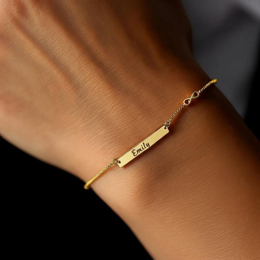 Personalized Infinity Love Bar Bracelet, Custom Name Minimalist 14K Gold Plated Jewelry, 925 Silver Dainty Christmas Gift for Her