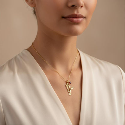 Personalized Birth Flower Necklace, Custom Sterling Silver Family Gift for Mom Nana, 14K Gold Plated, Christmas Gift, Personalized Gift