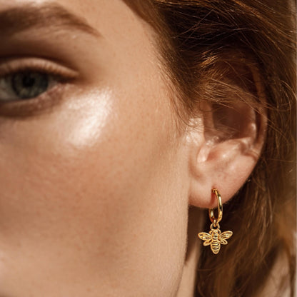 Minimalist Honeybee Huggie Hoop Earrings, 14K Gold Plated 925 Silver Dangle Charm, Personalized Christmas Gift, Nature Lover Jewelry